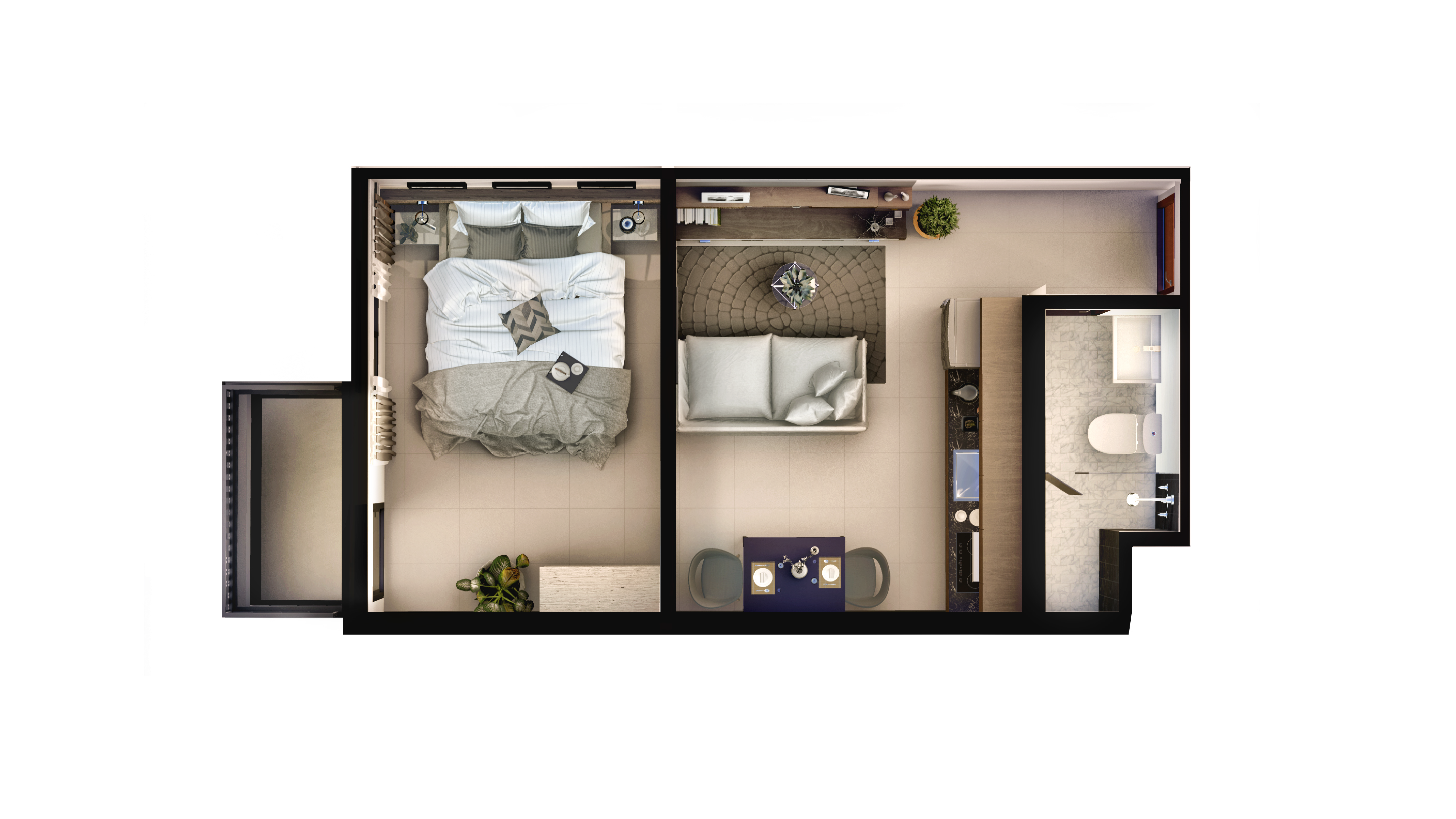 30 sqm furnished plan with living, kitchen, and bedroom zones